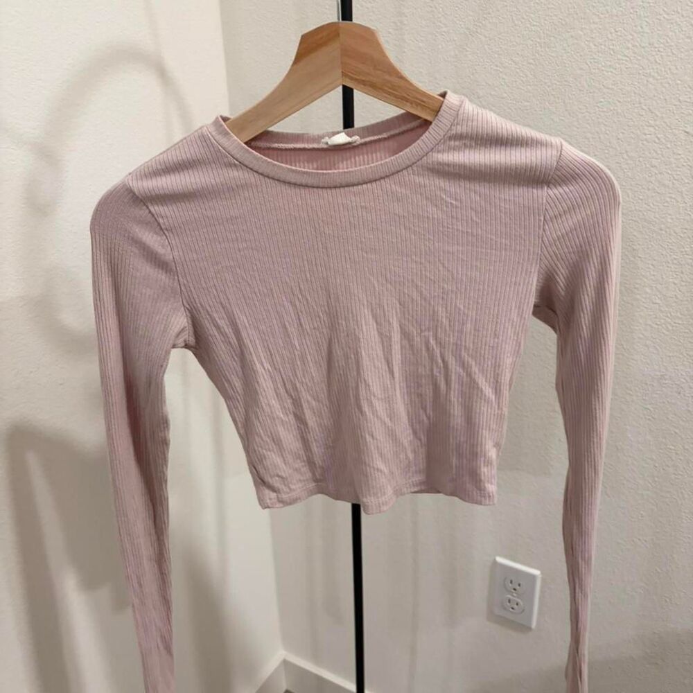Garage Mauve Pink Ribbed Long Sleeve Crop Top Crew Neck Basics XS